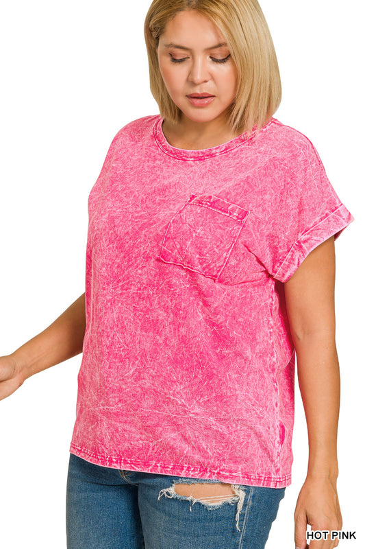 Full Size Crinkle Washed Round Neck Folded Short Sleeve Tee Plus Size 212a6a46-31da-444f-ba2a-804d43e3ad45-Max