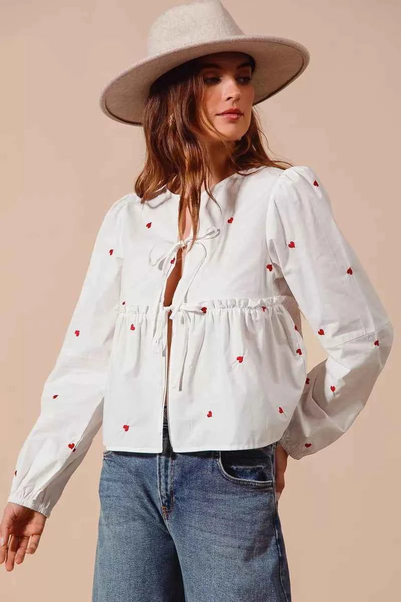 SO ME Front Tie Heart Embroidered Blouse With Puff Sleeve 212b734ce1b242b7be36d887068c3240-Max-Origin