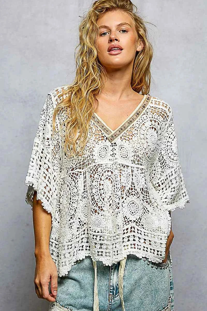 V-Neck Crochet Top with Scalloped Hem OFF WHITE One Size 212d442b-844e-4179-9cb0-0b4cc2e9f0e0-Max-Origin