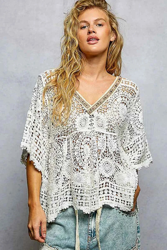 V-Neck Crochet Top with Scalloped Hem OFF WHITE One Size 212d442b-844e-4179-9cb0-0b4cc2e9f0e0-Max-Origin