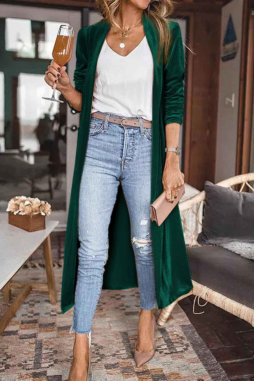 Red Velvet Elegant Open Front Pocket Long Cardigan 212f5646dabf523d