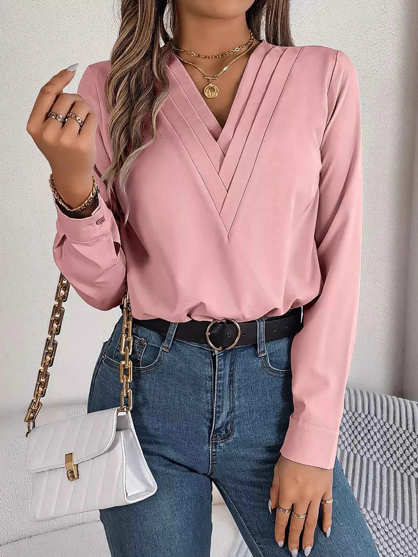 Layered V-Neck Long Sleeve Blouse Blush Pink 2131252a-1cb8-4569-8512-1573f943210e-Max-Origin
