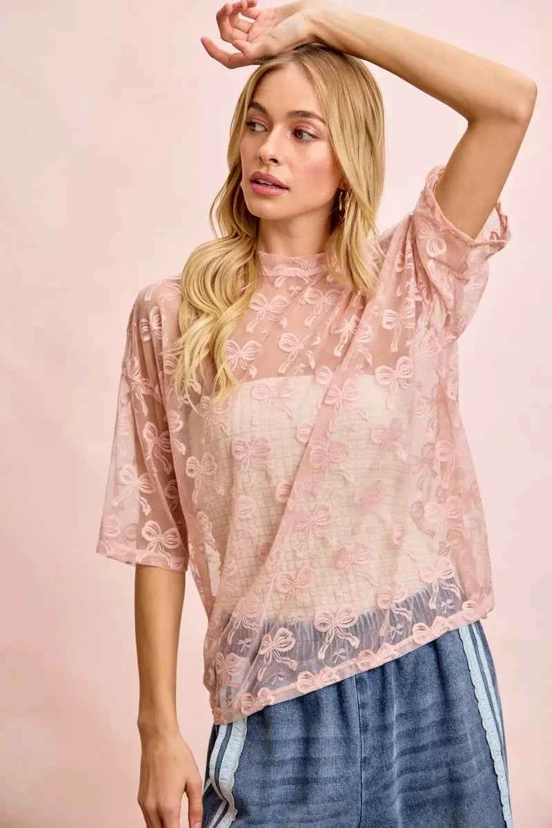 BiBi Bow Pattern Short Sleeves Boxy Mesh Top 213510a08d794e4ba7398df9f3715145-Max-Origin