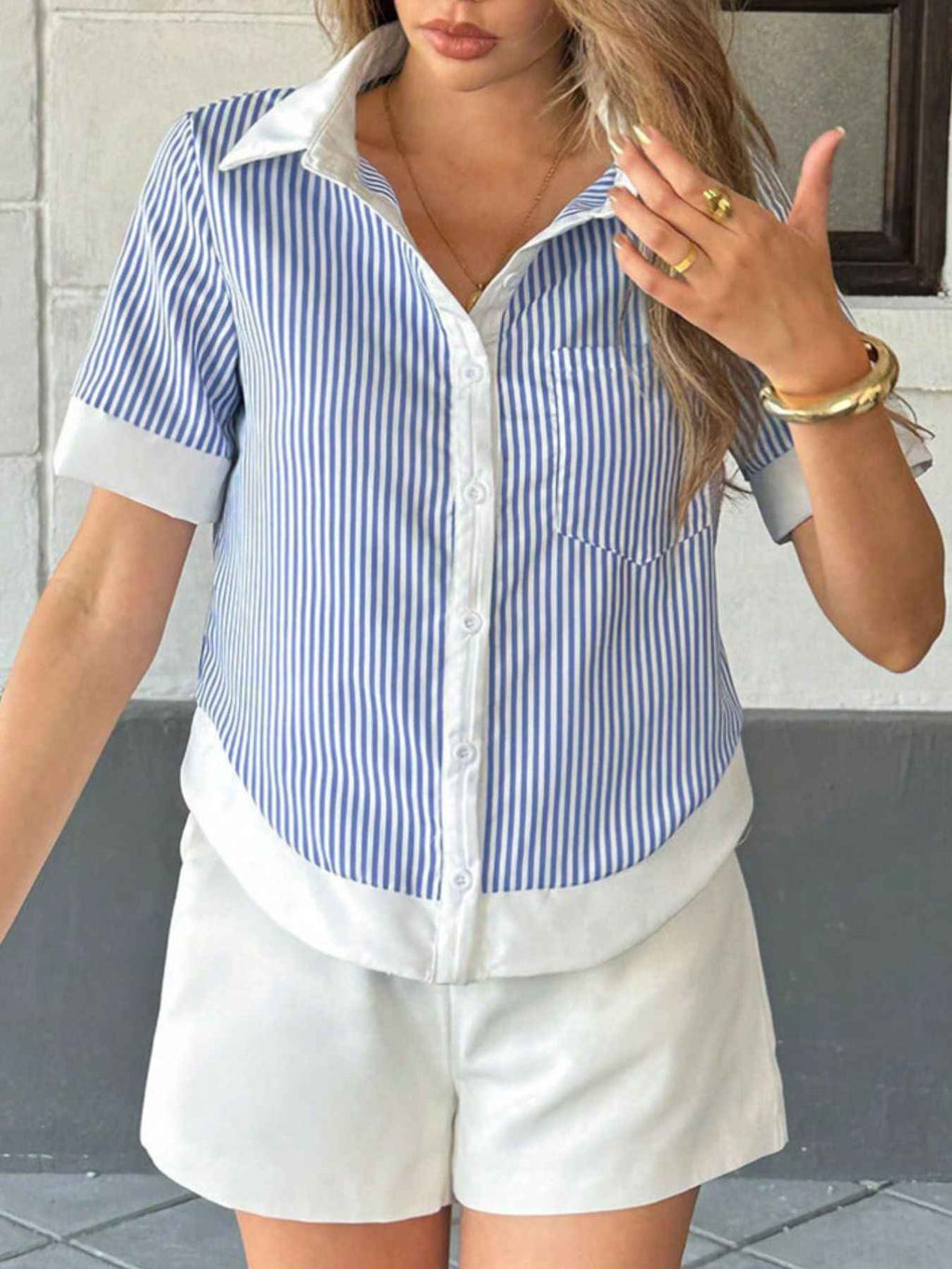 Striped Button-Down Short Sleeve Shirt Blue Stripes 21386009-aaa5-446e-acba-6e9d0da19b7c-Max
