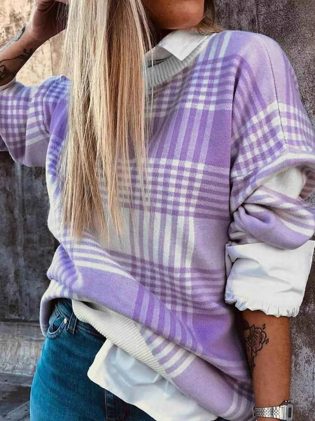 Plaid Round Neck Long Sleeve Sweater 213ea310-6ea3-4dfd-b51f-636262e9da3e-Max-Origin