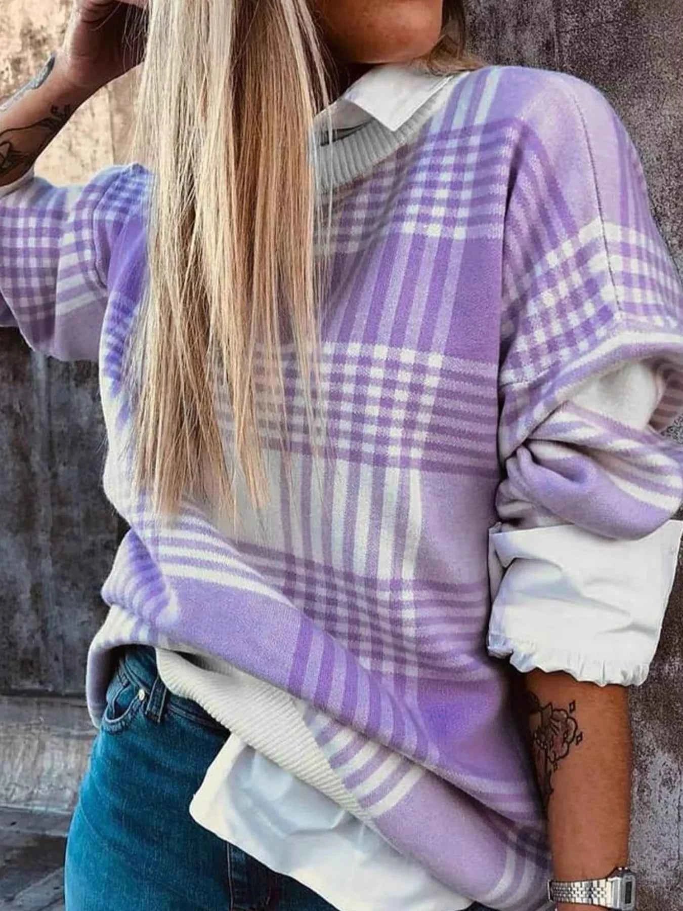Plaid Round Neck Long Sleeve Sweater 213ea310-6ea3-4dfd-b51f-636262e9da3e-Max-Origin