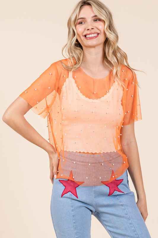 Plus Rhinestone & Pearl Mesh Top Orange 21421662_db3ac6c9-24f8-4d5e-9d9b-882d75dbbef6