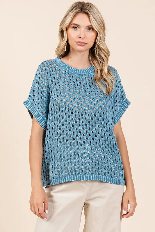 Mittoshop Mineral Wash Openwork Short Sleeve Knit Cover Up Cerulean 2142b7b0-1642-40c3-92f1-ed38510d2bba-Max