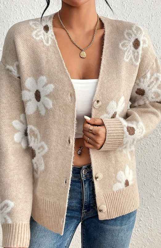 Floral Pattern Cardigan Cream XL 21430786_f1014558-1168-4129-ba43-62bc575afc50