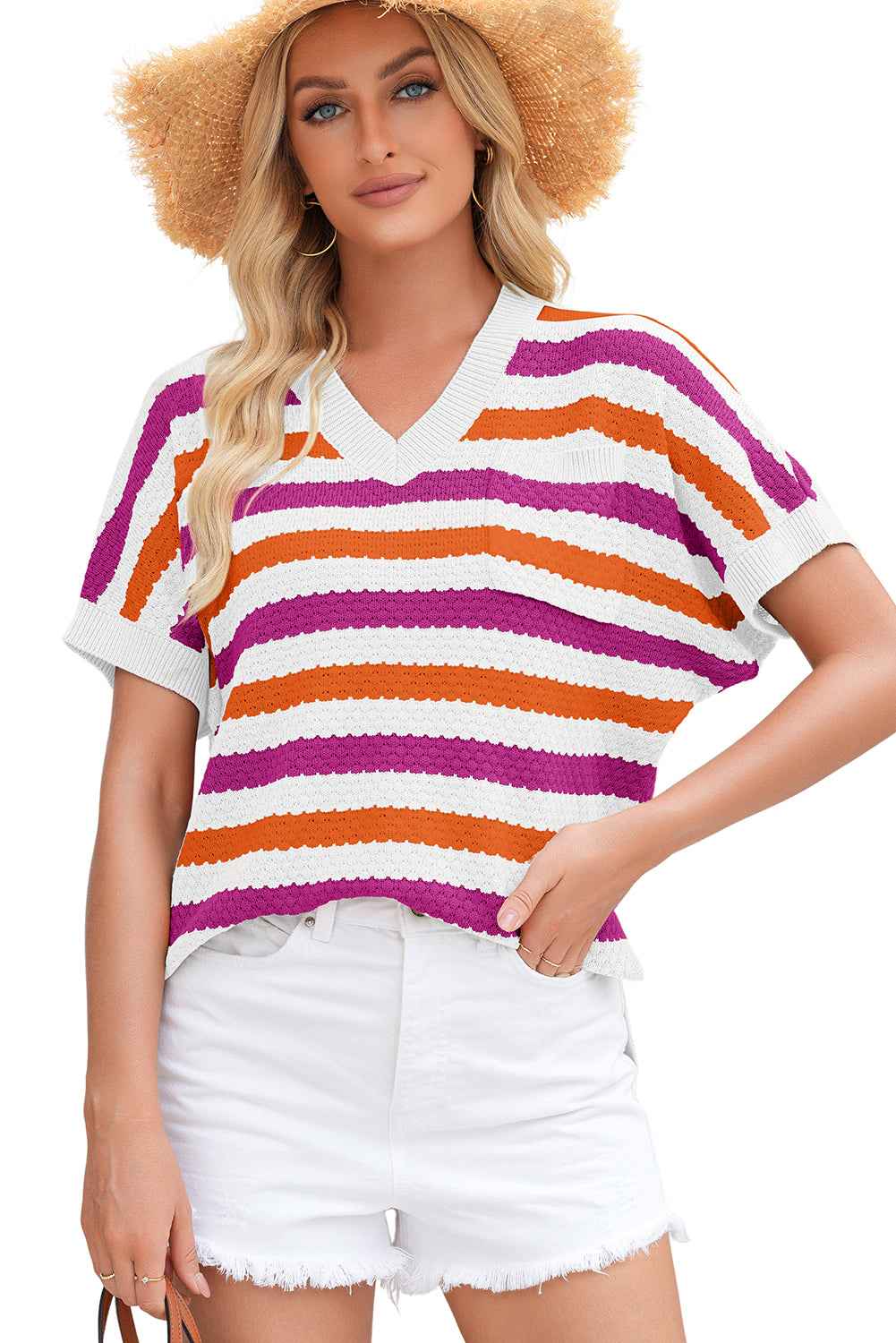 Green Stripe V Neck Short Sleeve Sweater with Side Slits 2144357c85aa7bdc