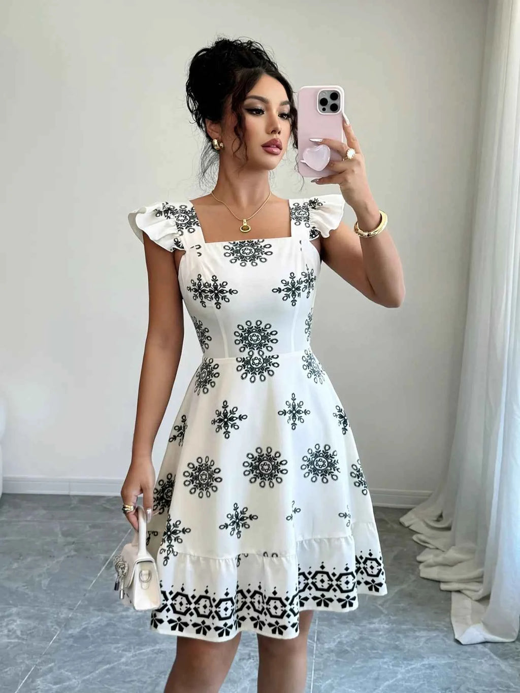 Printed Ruffled Cap Sleeve Dress 21445cf7-f051-4728-918d-b4415cda8380-Max-Origin
