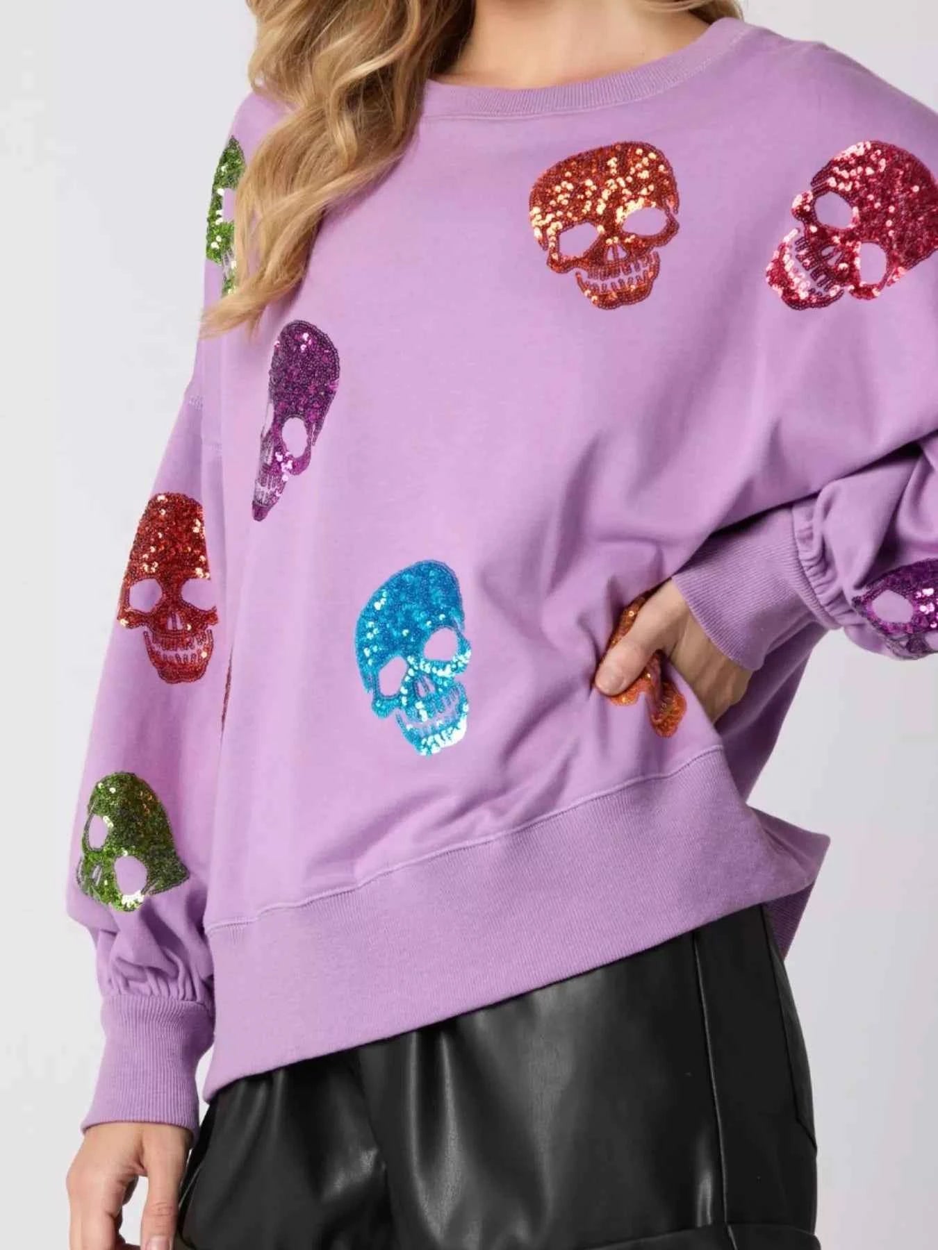 Halloween Colorful Skull Sequin Oversized Sweatshirt 214567e1-9504-4455-b520-5682e8af8493-Max-Origin