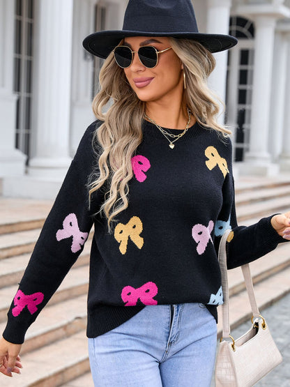 Angel Wings Bow Graphic Round Neck Long Sleeve Sweater