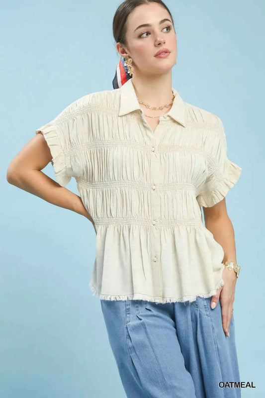 Umgee Washed Linen Blend Smocked Shirt OATMEAL 21474478-fe3d-49e9-8db6-748944c75db8-Max-Origin