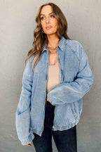 Myosotis Elastic Hem Collared Zip Up Denim Jacket 214a605e042ebfb8