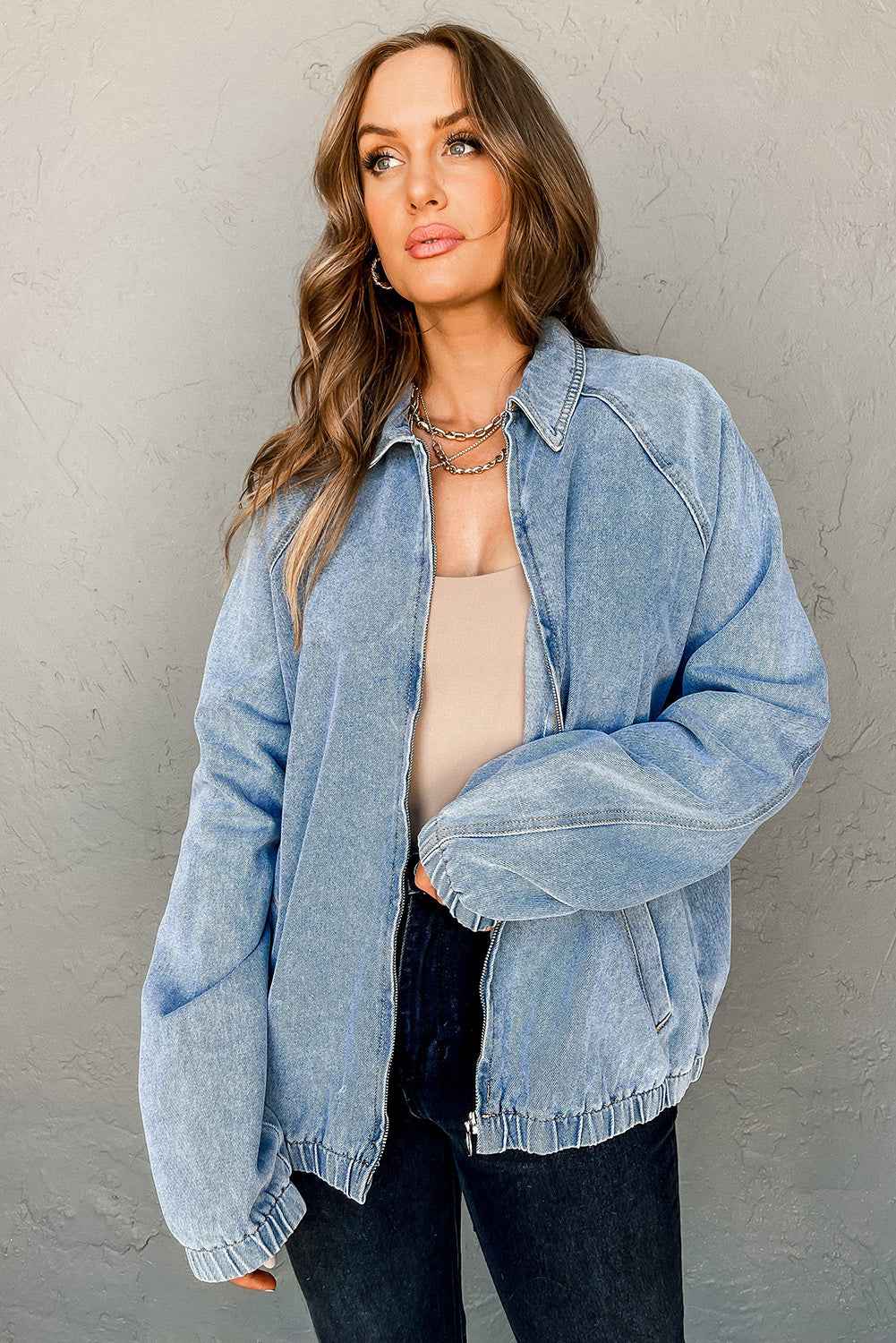 Myosotis Elastic Hem Collared Zip Up Denim Jacket 214a605e042ebfb8