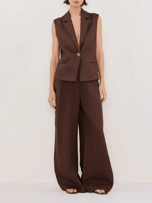Sleeveless Blazer and Wide Leg Pants Set Dark Brown