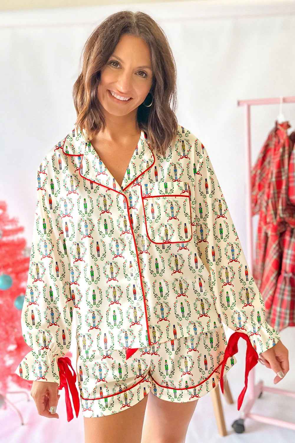 Beige Nutcracker Print Contrast Trim Bowknot 2pcs Pajama Set 214c011800e70923