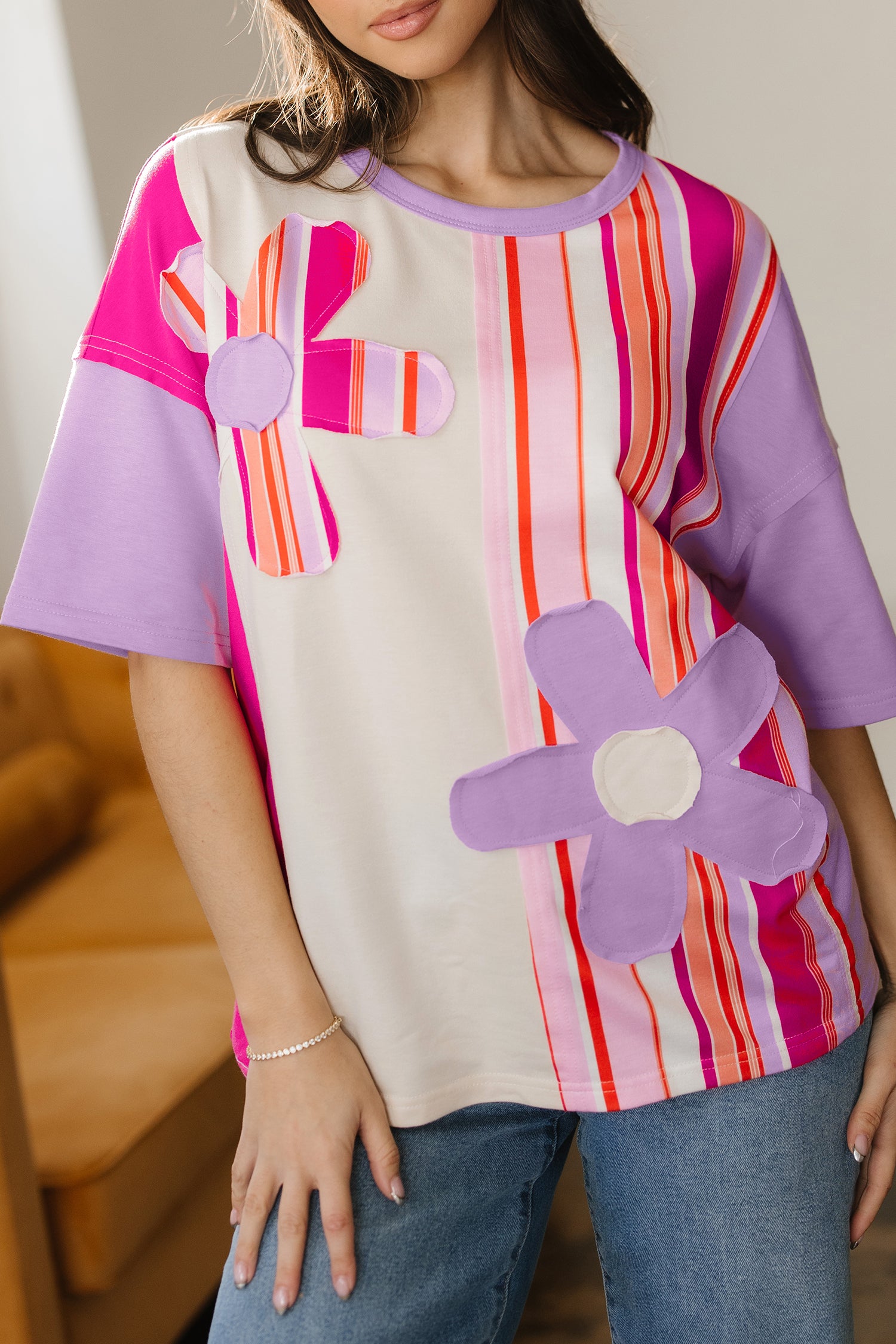 Pink Striped Color Block Flower Patched Half Sleeve Loose Top 214e9cf96477c081