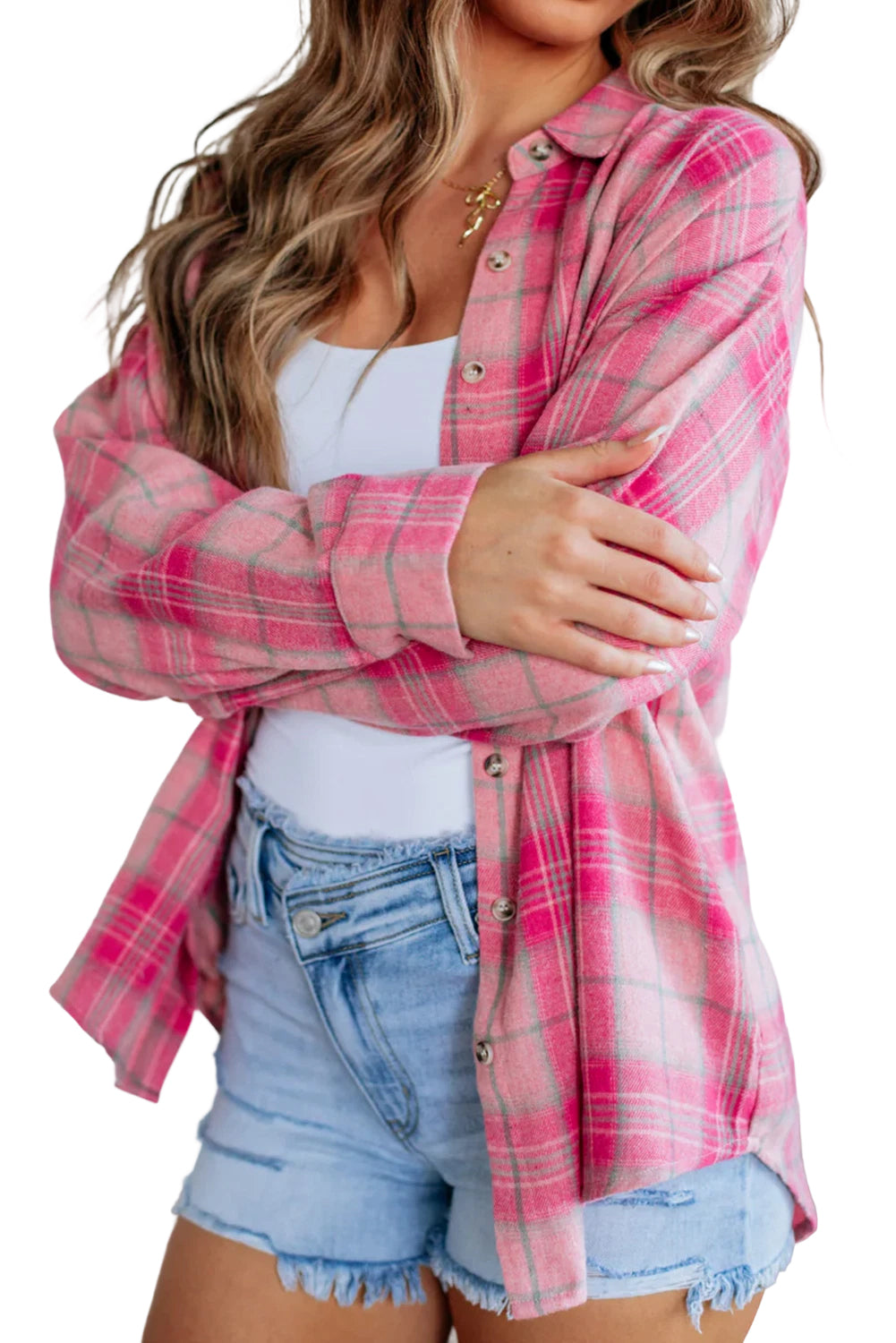 Sachet Pink Plaid Rounded Hem Long Sleeve Shirt 214e9e8984c08212