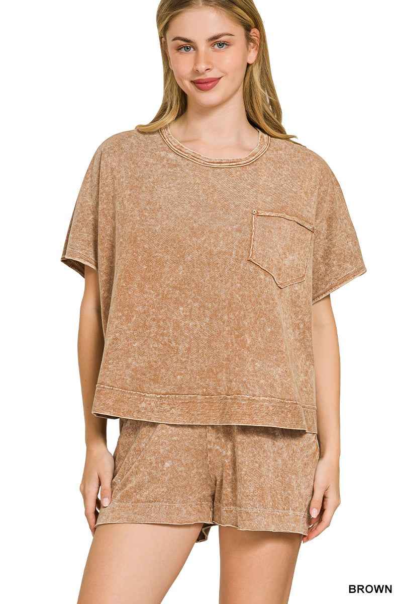 Zenana Halo Snow Washed Boxy Top & Shorts Set BROWN 2157e0781b944787b03689a73ae55d4e-Max