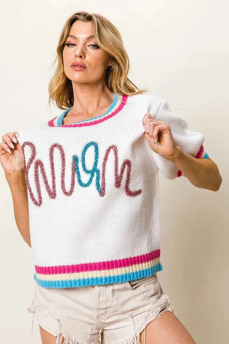BiBi Metallic Letter Short Puff Sleeve Sweater 215b279324ba4911b95d9dfe174f149d-Max-Origin