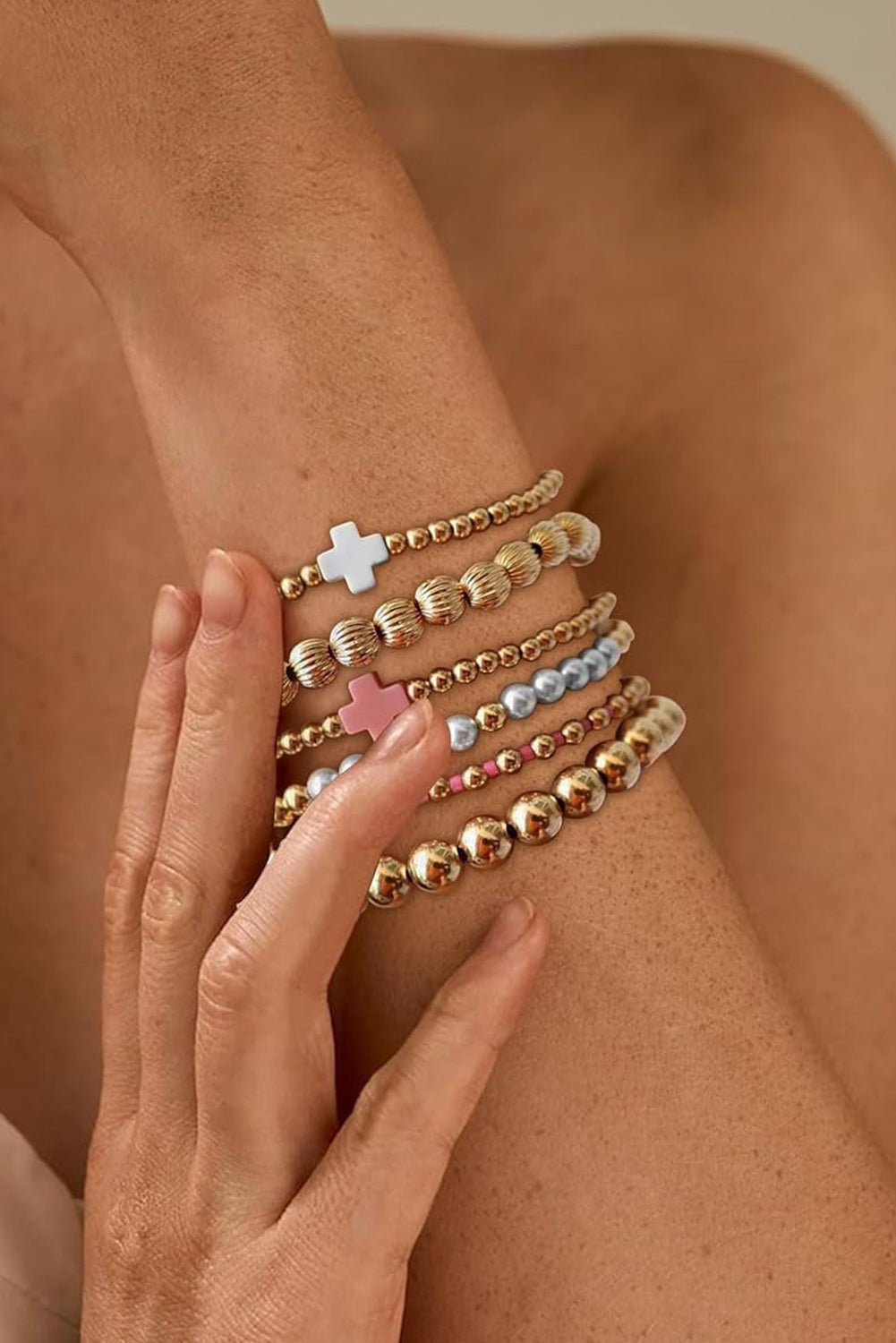 Gold Pearl Cross Beaded Stretch Bracelet Set 215c7b128ddf10cd