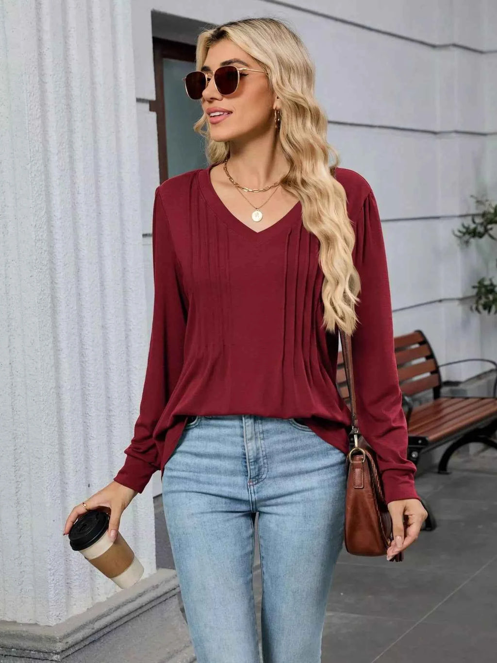 V-Neck Long Sleeve Relaxed Fit T-Shirt