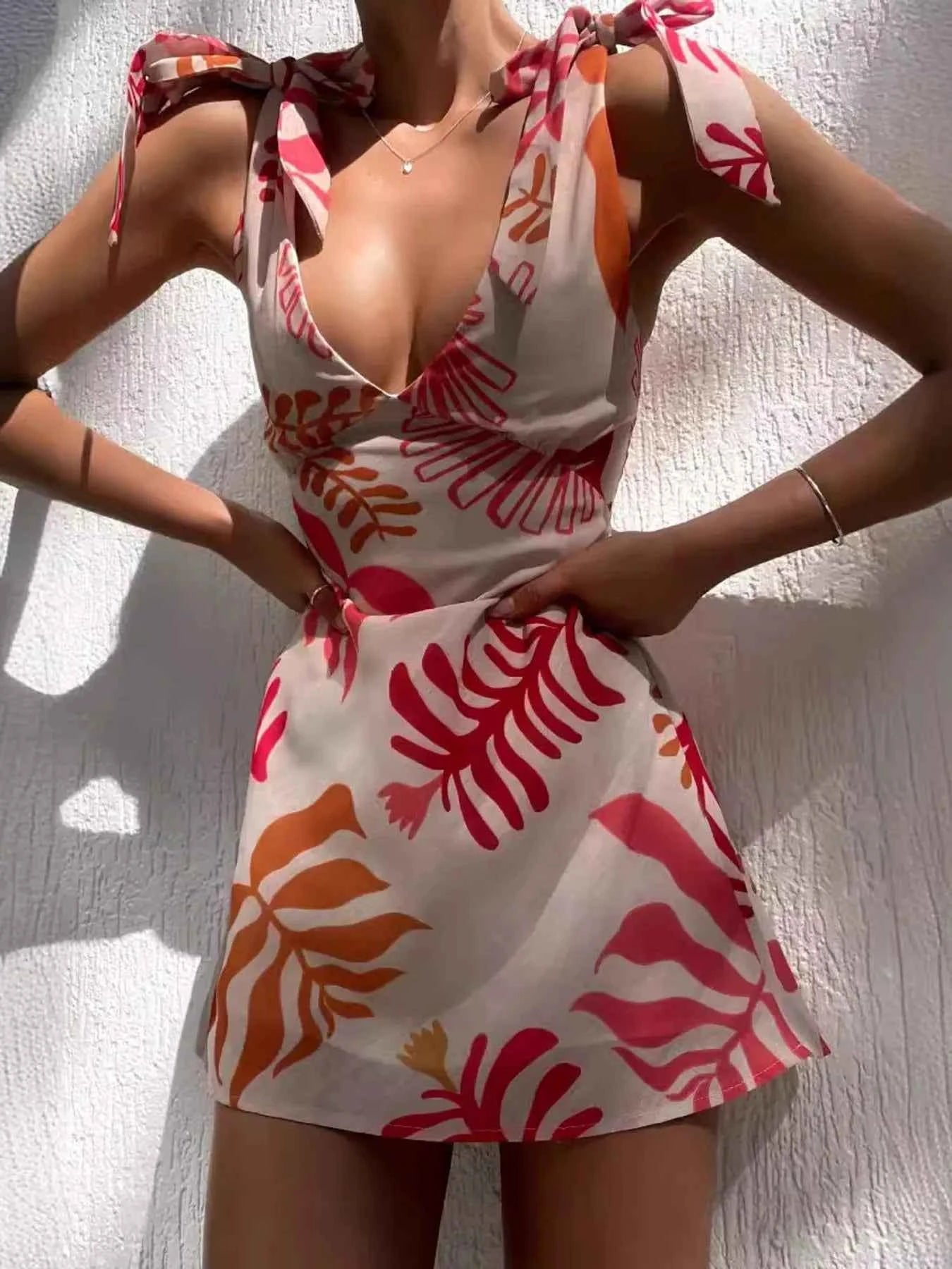 Printed Tie-Shoulder Mini Dress Picture Color 21621f9139914d6583d194940f124f8a-Max-Origin