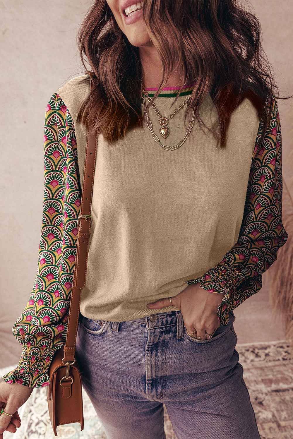Apricot Floral Patchwork Shirred Cuff Puff Sleeve Sweater Apricot 52%Viscose+26%Polyester+22%Polyamide 2164c76d800cd2f1
