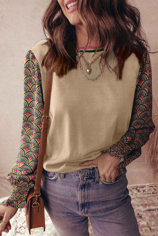 Apricot Floral Patchwork Shirred Cuff Puff Sleeve Sweater Apricot 52%Viscose+26%Polyester+22%Polyamide 2164c76d800cd2f1