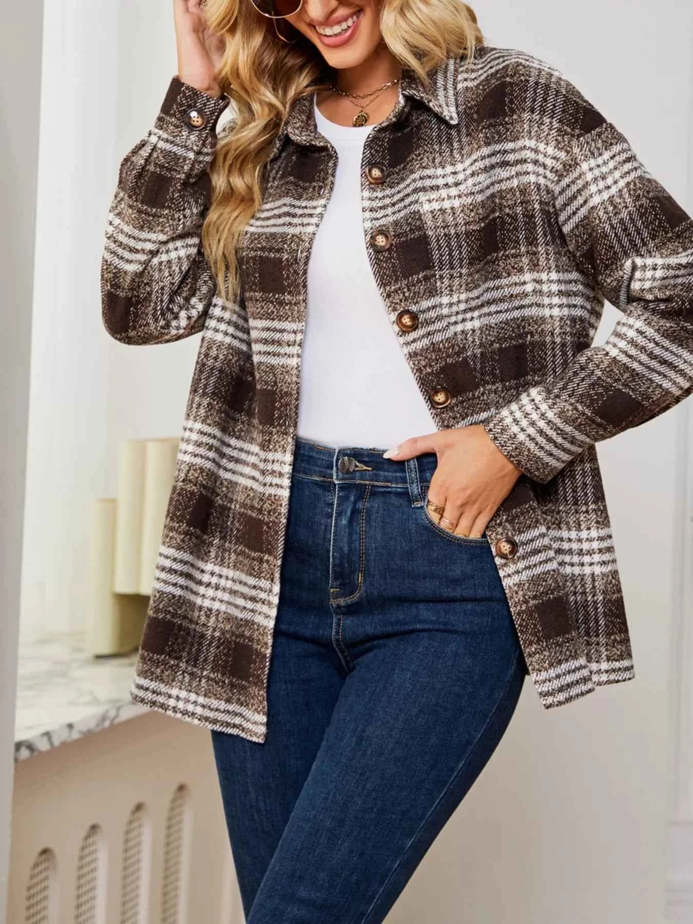 Plaid Button Up Long Sleeve Shacket Brown 216514922e91487a9dde3c48d728fb6f-Max-Origin