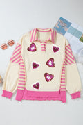 Pink Stripe Patchwork Sequin Heart Pattern Long Sleeve Collared Split Top Pink Stripe 65%Polyester+35%Cotton 2165c55c6895a6f9