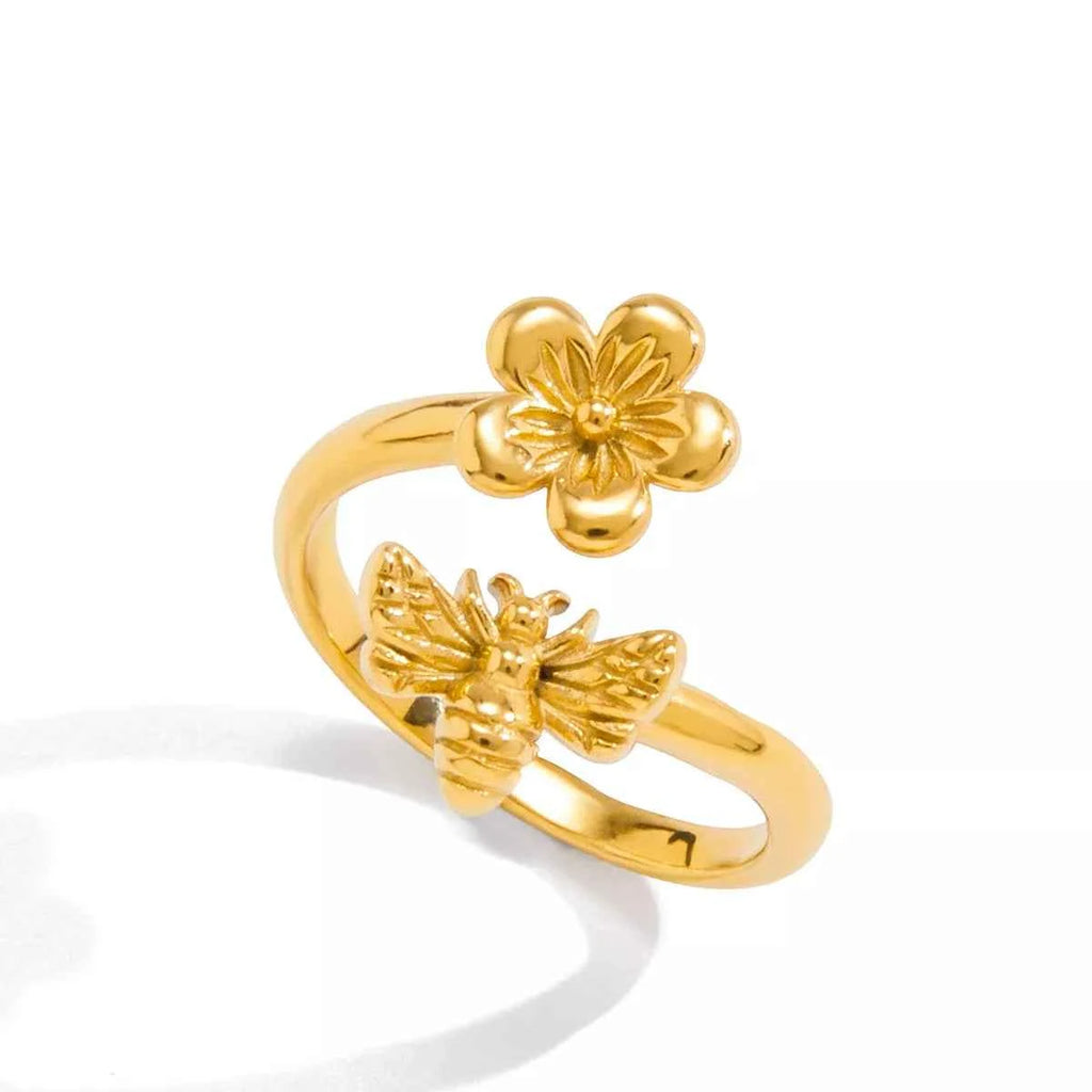 18K Gold-Plated Flower Bee Open Ring 21668b85-6fdb-449c-8271-dfe3d8ed4295-Max-Origin