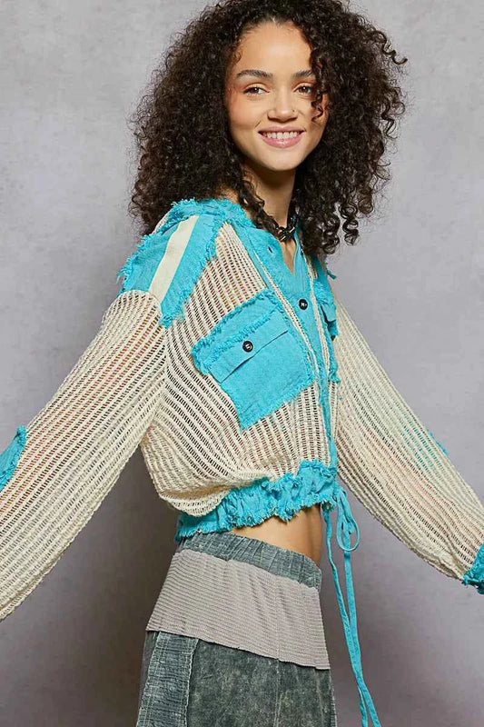 Texture Woven Button Down Hooded Shirt with Drawstring Hem 2168c96a-d33f-4225-8366-f411ee0e099c-Max-Origin