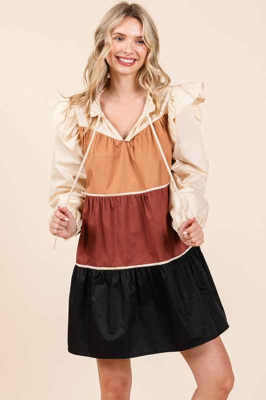 Tiered Color Block Mini Dress Camel Brown Black 21715177_19f2c62c-c4b2-483d-8da3-a104f6ce44fc