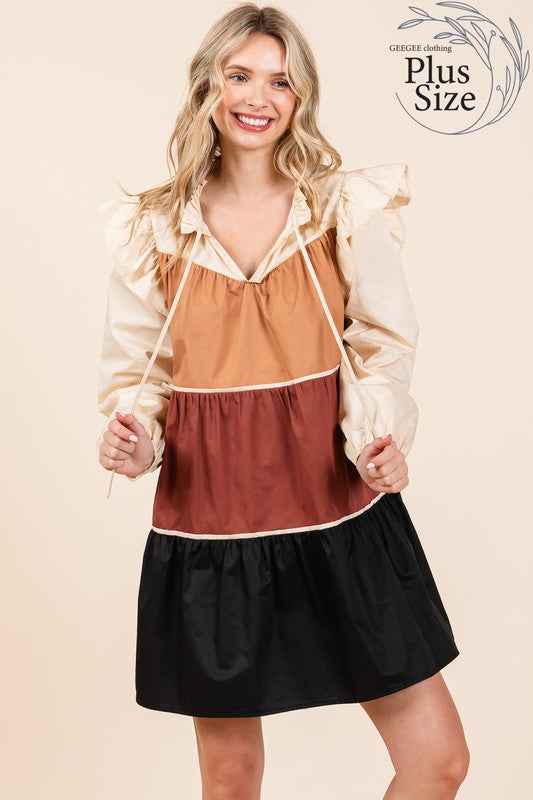 Plus Tiered Color Block Mini Dress Camel Brown Black 21715191_58d075ba-4ae4-4262-a9ef-7dd40ee162d0