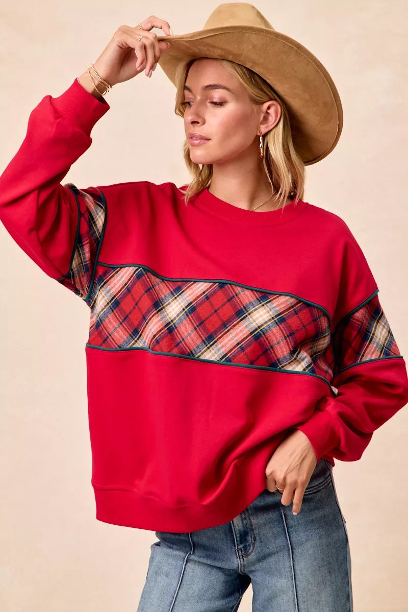 BiBi Christmas Theme Plaid Block Sweatshirt with Binding 21725435c06344978bdc151a54694951-Max-Origin