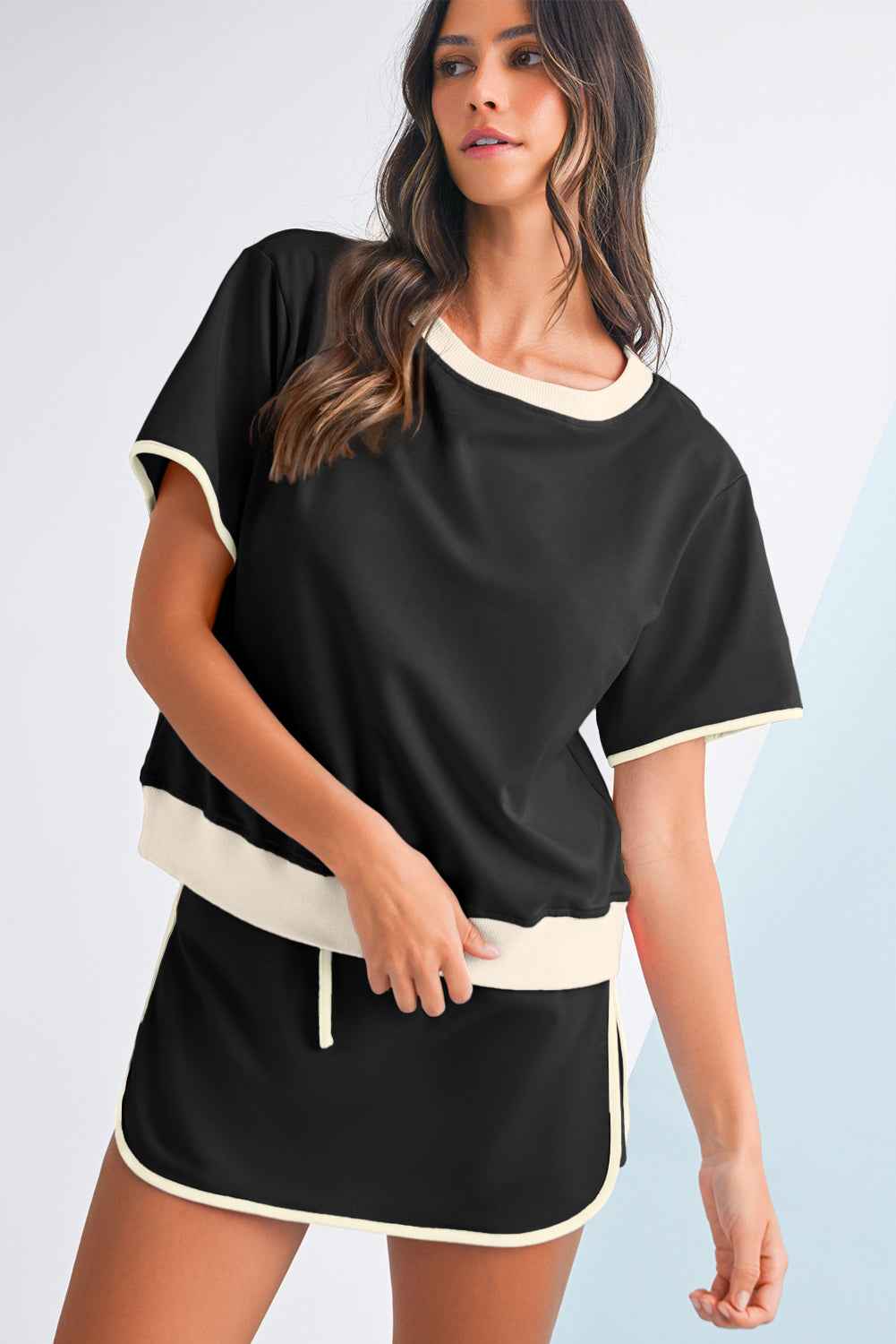 Black Colorblock Edge Drop Shoulder T Shirt and Skort Set 2173f331be7af5bb
