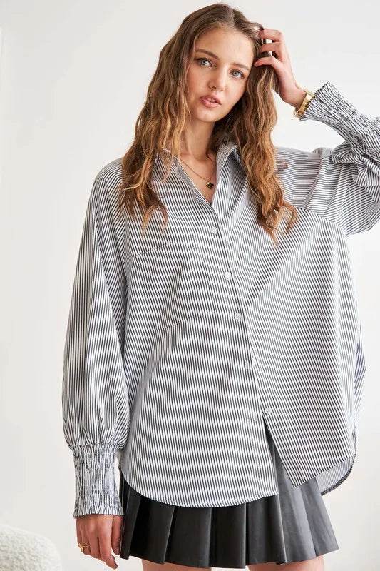 ADORA High-Low Striped Button Down Smocked Lantern Sleeve Shirt 217778ba-33a3-4c5f-a728-7c29068558c3-Max