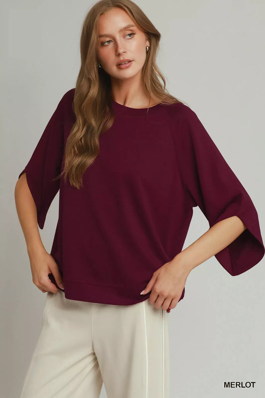 Round Hem Raglan Sleeve Top MERLOT 217ab284-6490-4228-b87d-44a758b1d250-Max-Origin