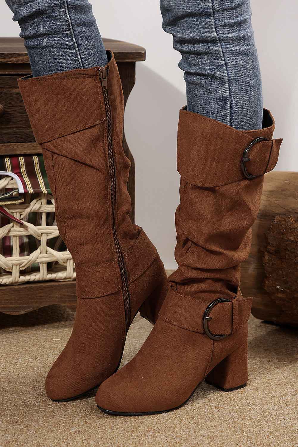 Coffee Suede Double Buckled Side Zipped Mid-calf Boots 217add8eaa9b3022