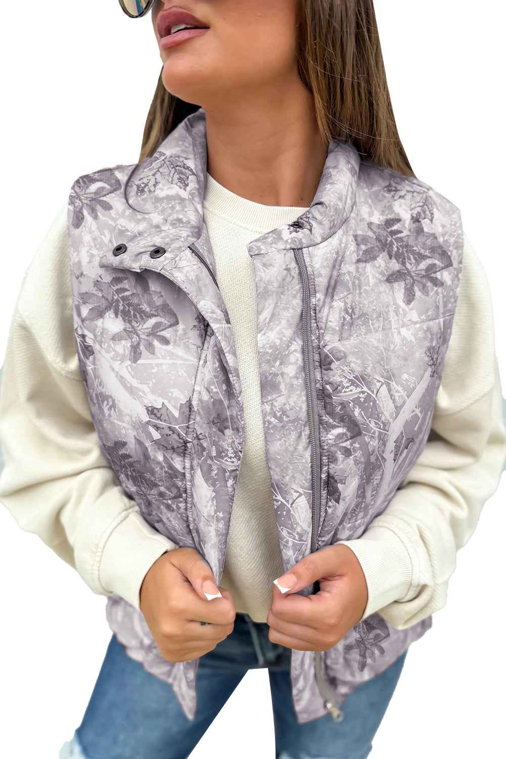 Gray Camo Leaf Print Winter Puffer Vest 217c47231cc266cc