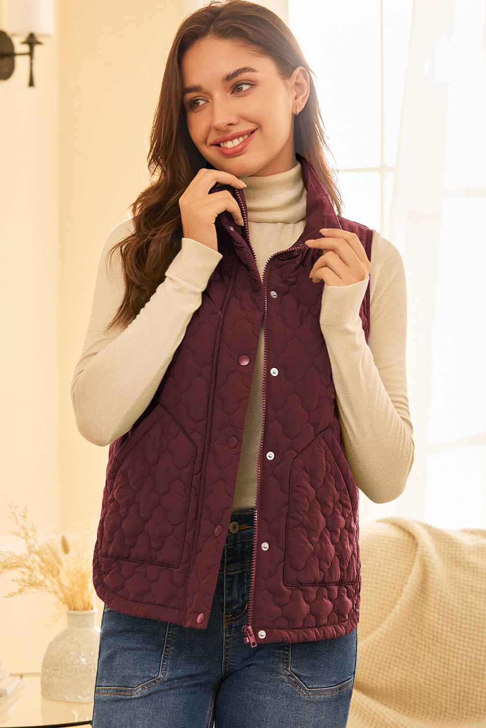 Dark Brown Flower Shape Quilted Snap Button Zip Up Winter Vest 217d6d2a1e7c2054