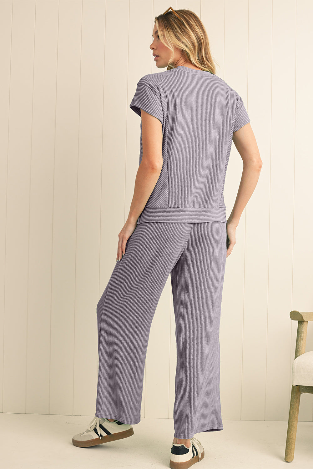 Wild Wind Solid Corded Short Sleeve T Shirt and Wide Leg Pants Set 21827fd29c2f8dcb