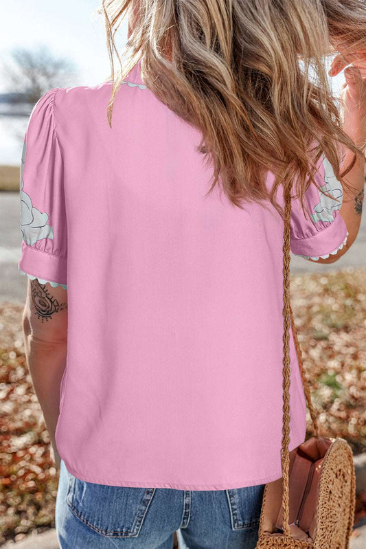 Rose Floral Print Ric Rac Trim Puff Sleeve Button Up Shirt 21883ecde2a44476-_2
