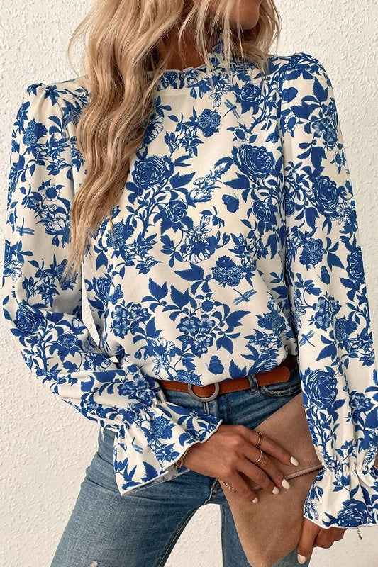 Floral Print Flounce Sleeve Keyhole Back Blouse 21947153_1299fb5f-cd90-4bb7-985c-7c5223bb2754