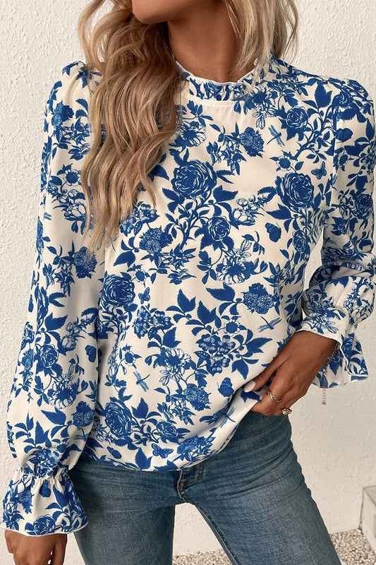 Floral Print Flounce Sleeve Keyhole Back Blouse 21947153_9e524b72-1d16-48d1-b92f-645629c8a487