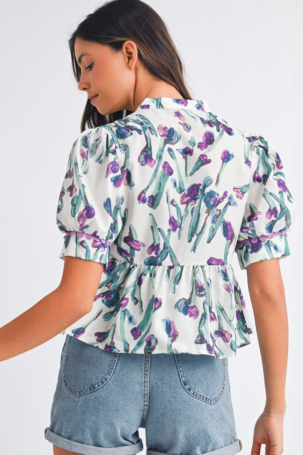 Purple Floral Ricrac Trim Puff Sleeve Peplum Blouse 2195c8bb89aa5f60
