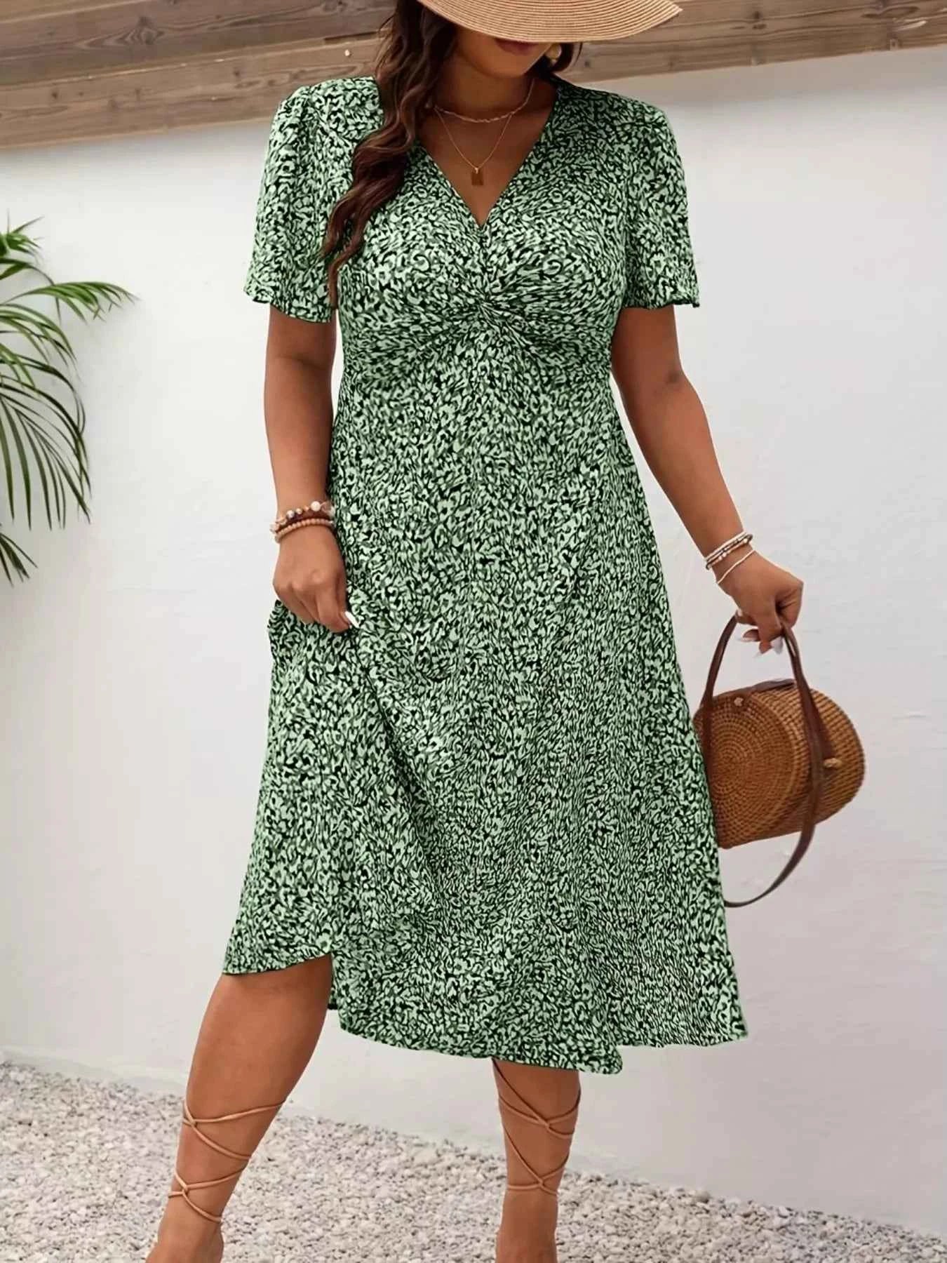Plus Size Printed V-Neck Short Sleeve Midi Dress Army Green 21a116823aa84b759a799a22d15176e6-Max-Origin
